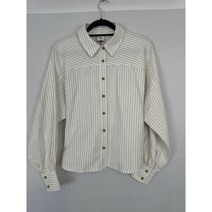 Cabi Women's Striped Button-Up Blouse with Tie Back, Size M, Beige/Brown